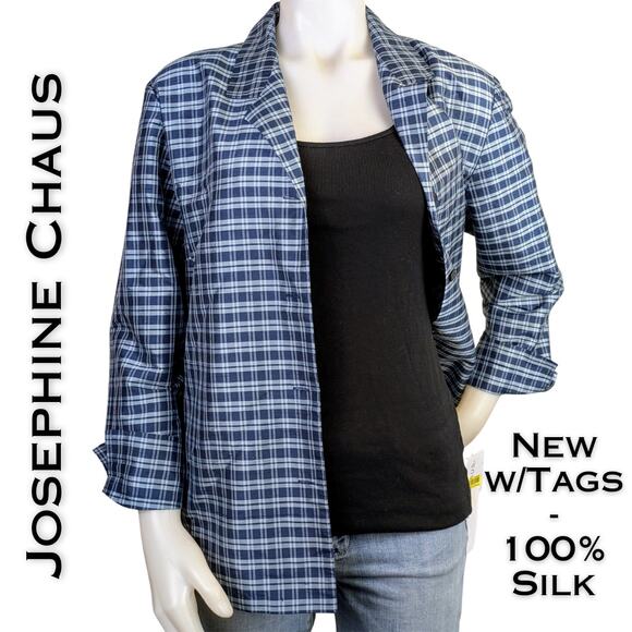 NEW Josephine Chaus Distinctive Charm SILK Blue Gray Check Button Blazer Size 12 - Picture 1 of 9